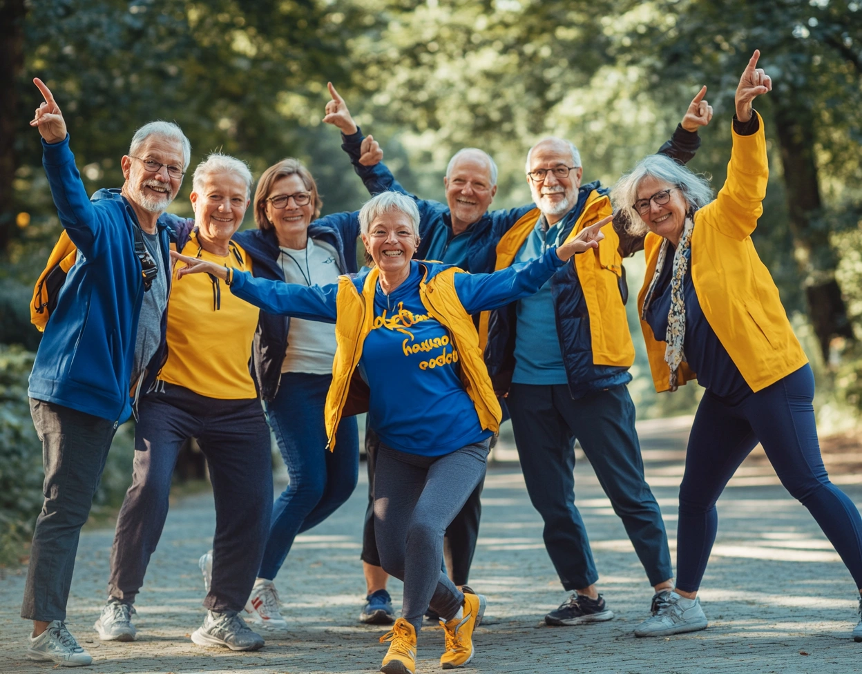Щаслива та активна група пенсіонерів під час заняття на свіжому повітрі