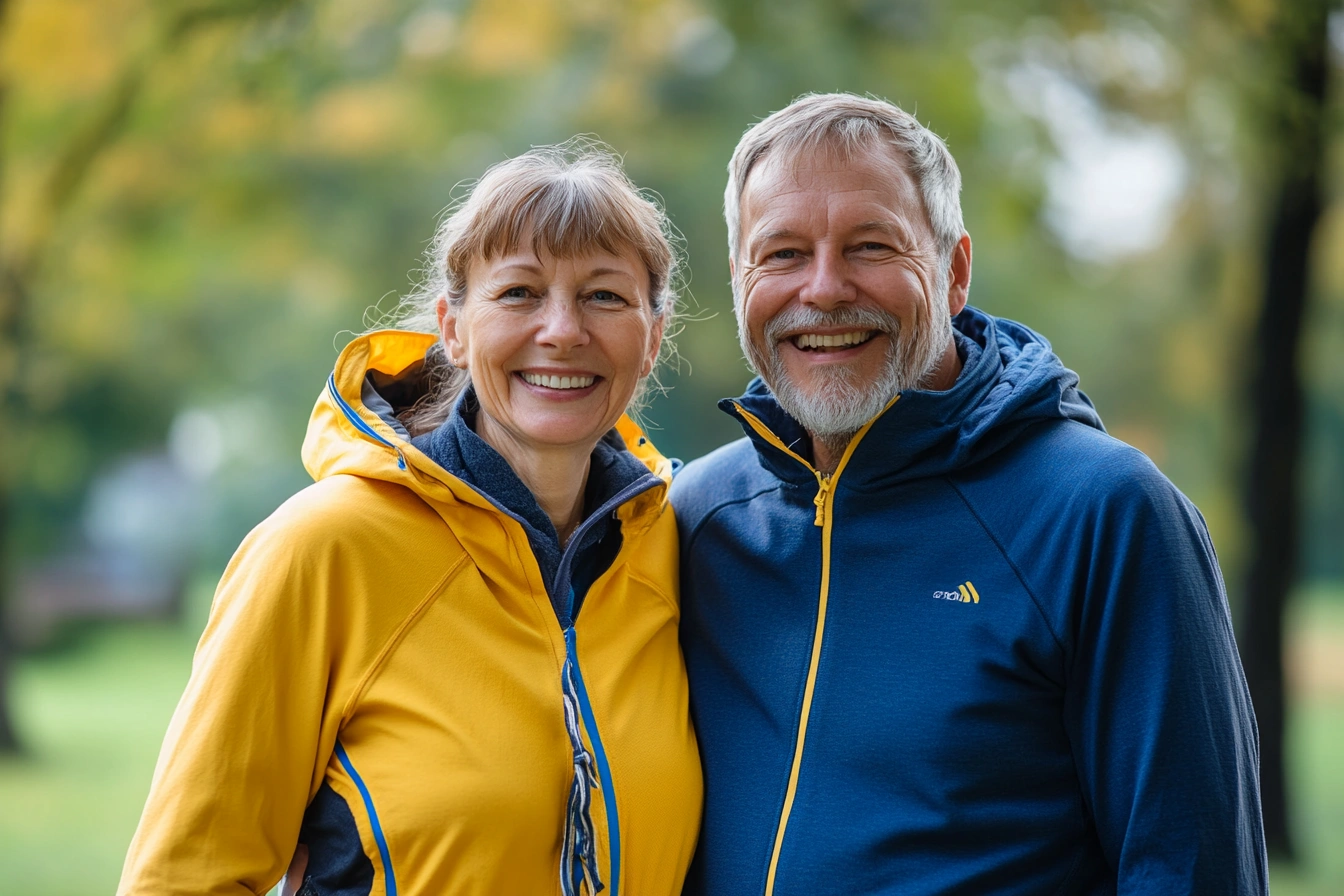 Щаслива літня пара займається спортом на природі